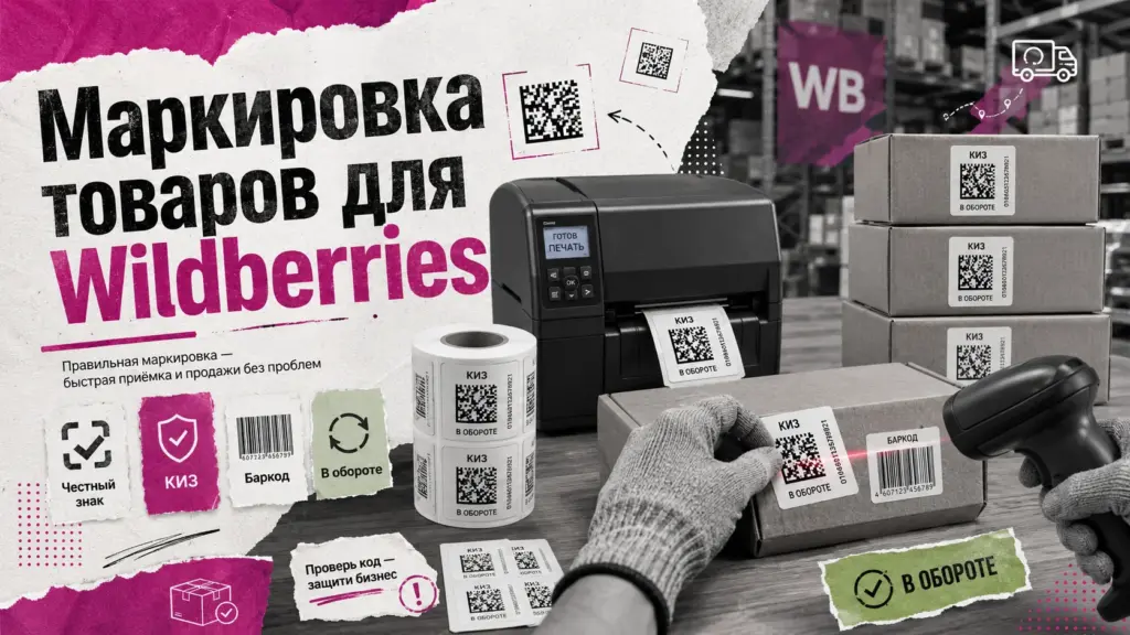 Маркировка товаров для Wildberries: печать этикеток с кодом КИЗ и баркодом на упаковочном столе