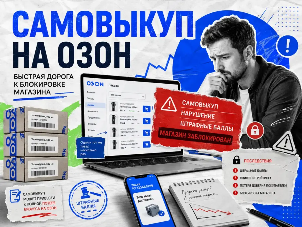 самовыкуп на Ozon — продавец выкупает собственный товар и получает предупреждение о санкциях.