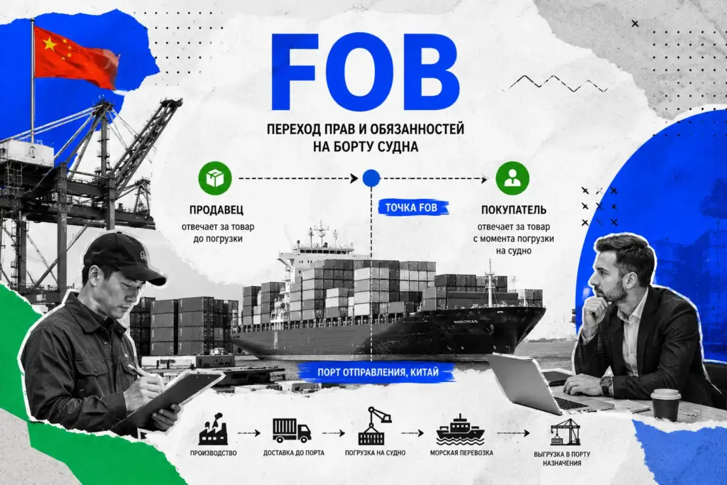FOB условия поставки из Китая – схема перехода ответственности на борту судна.