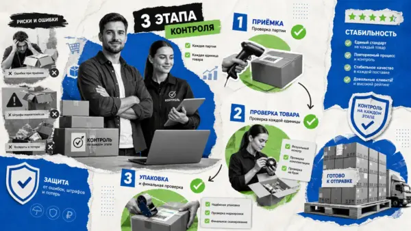 Три этапа контроля: приёмка партии, проверка каждой единицы товара, финальная проверка при упаковке