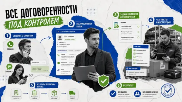 Договорённости фиксируются в CRM: карточка клиента, задачи, чек-листы и инструкции для команды