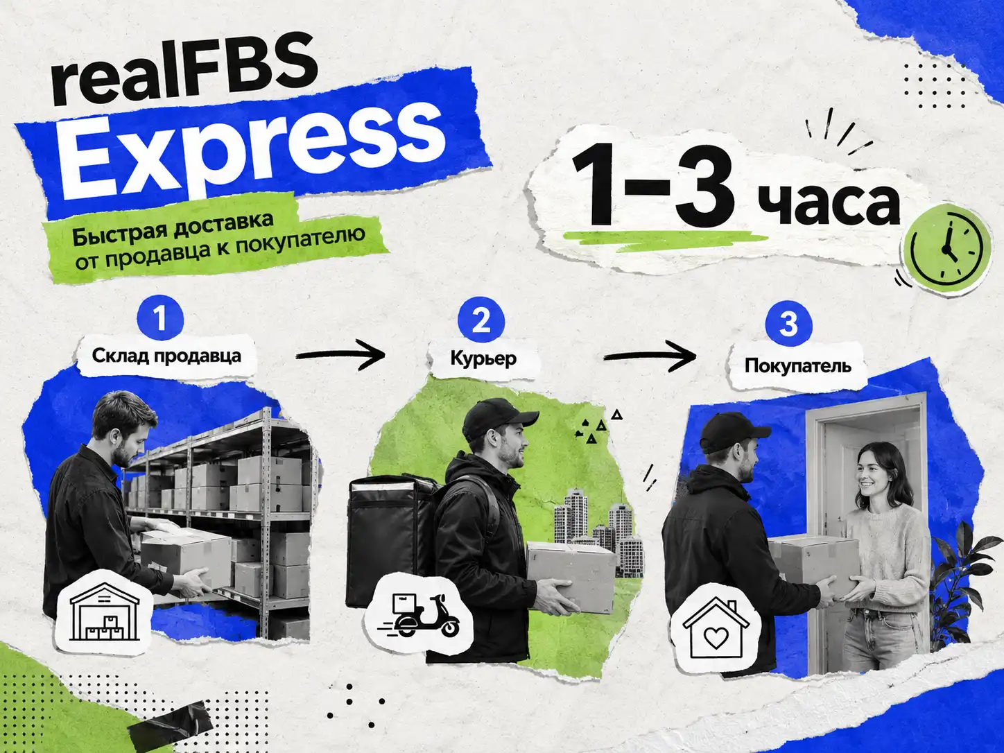 Схема доставки realFBS Express на Ozon: товар на складе продавца, сборка заказа, доставка курьером покупателю