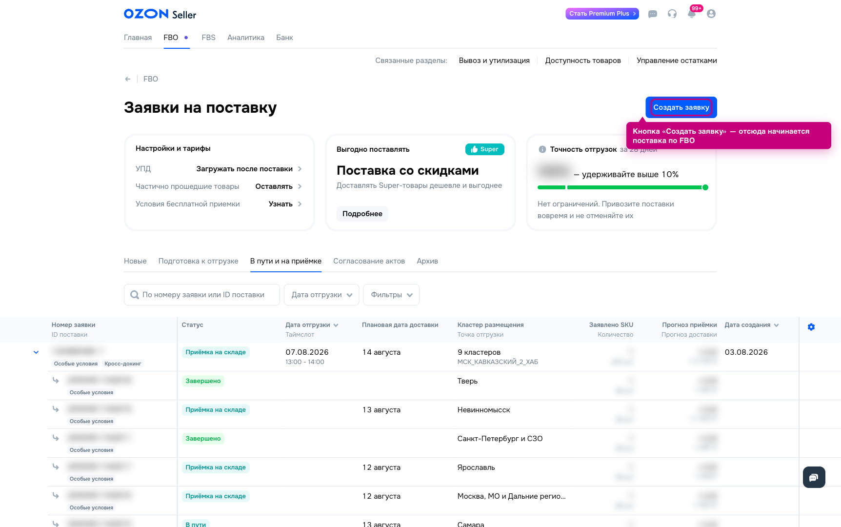 Раздел FBO «Заявки на поставку» в кабинете Ozon Seller с кнопкой «Создать заявку»