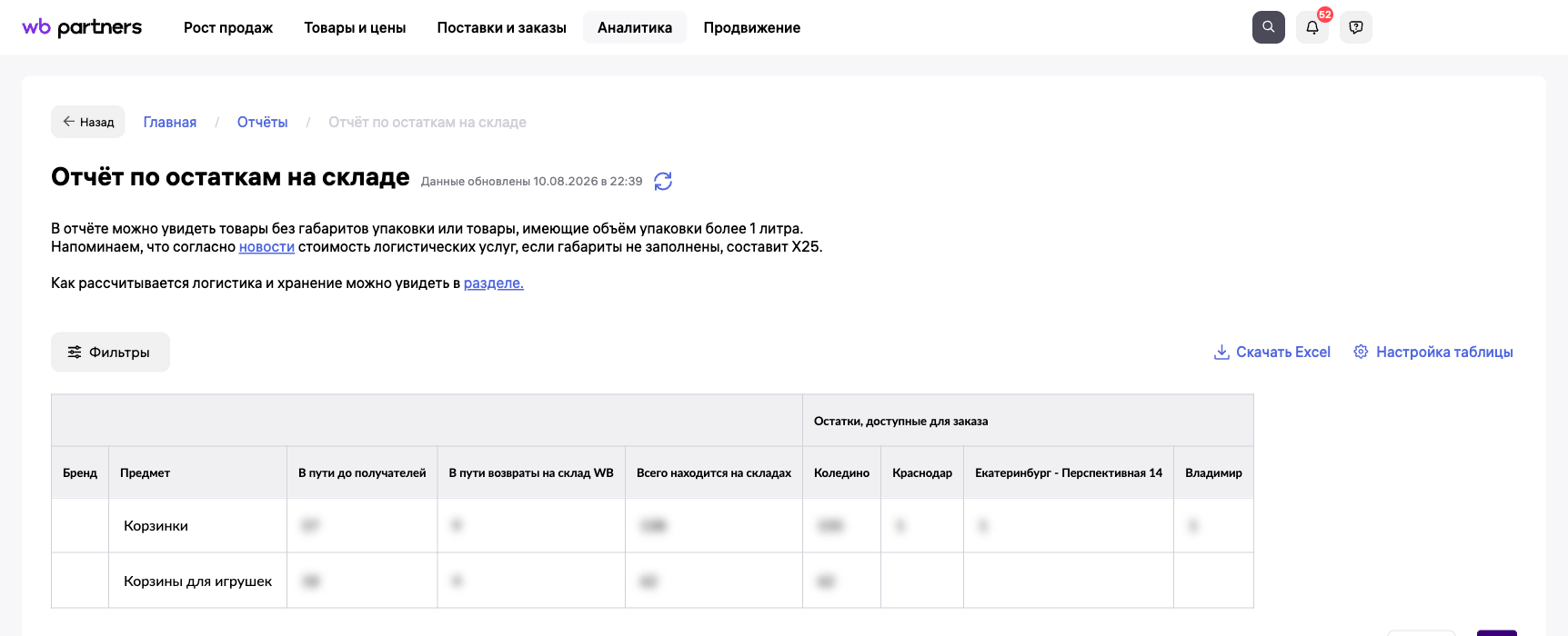 Отчёт по остаткам на складе в кабинете продавца Wildberries