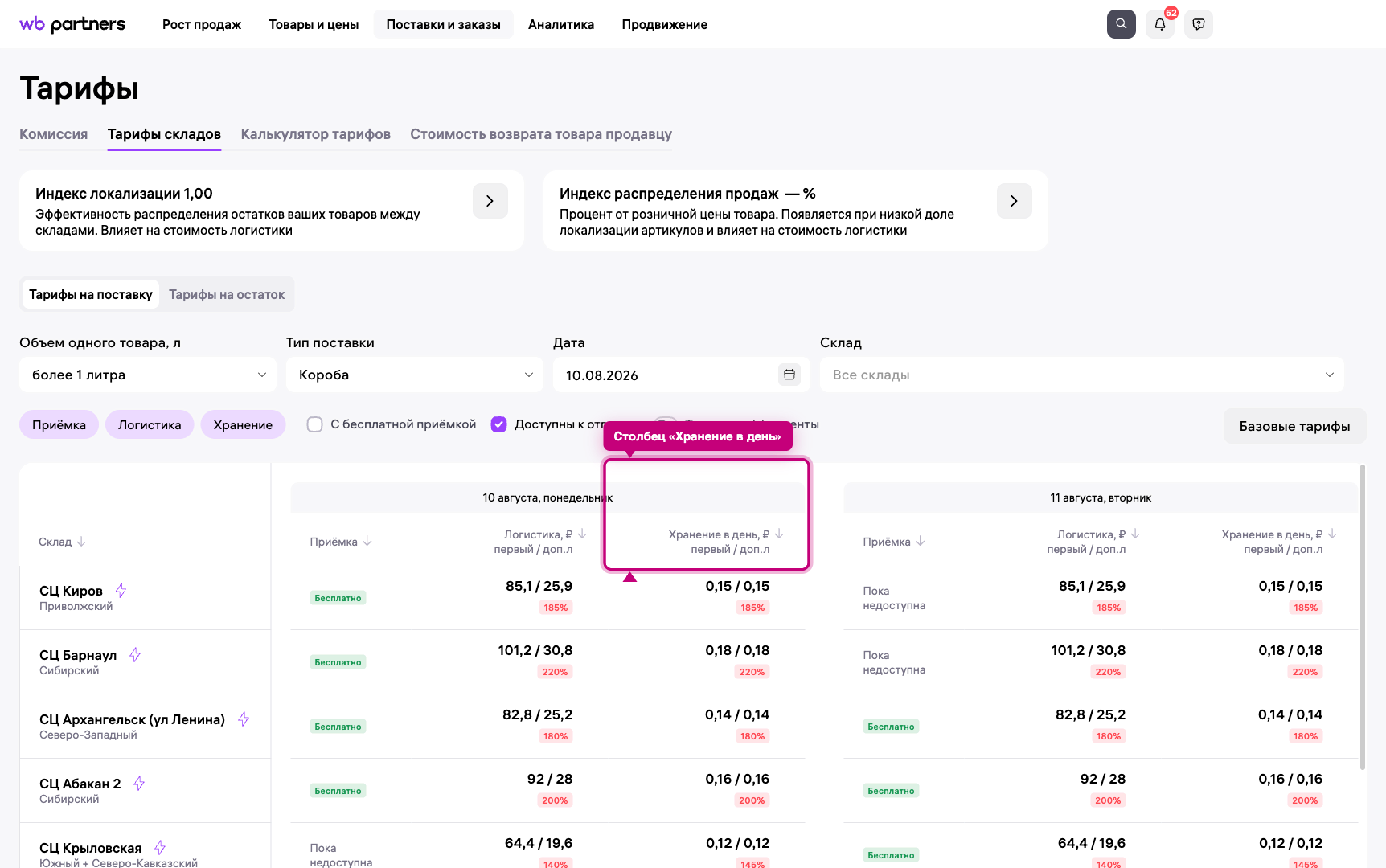 Тарифы складов Wildberries: столбцы приёмки, логистики и хранения в кабинете продавца