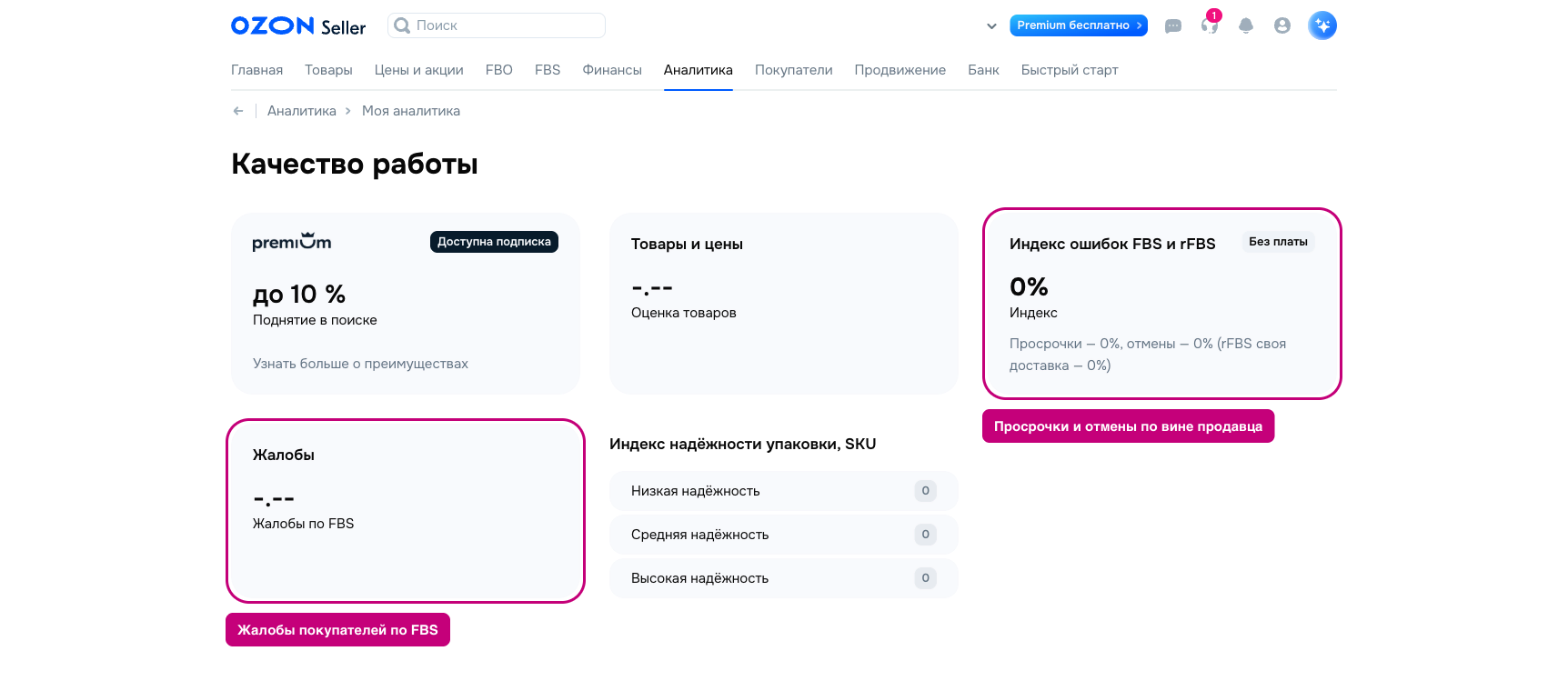 Индекс ошибок Озон — карточка на странице «Качество работы» в кабинете продавца