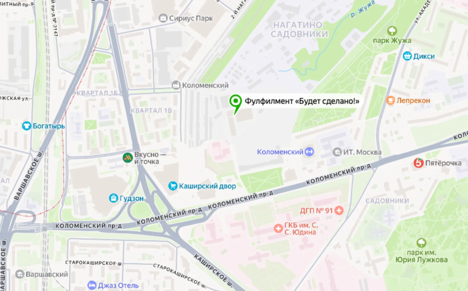 Склад «Будет сделано» на карте: Каширское шоссе, 13Б, стр. 1, Москва