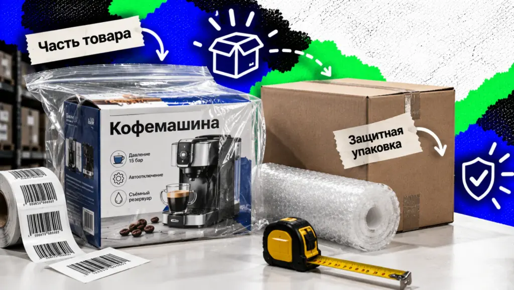Заводская упаковка на Озон: коробка с изображением товара в зип-пакете и защитный гофрокороб